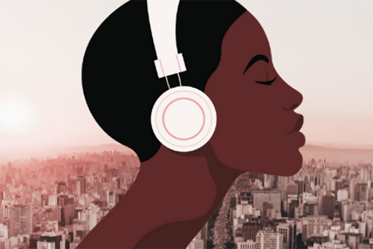 Illustration of black woman with white headphones on her heard