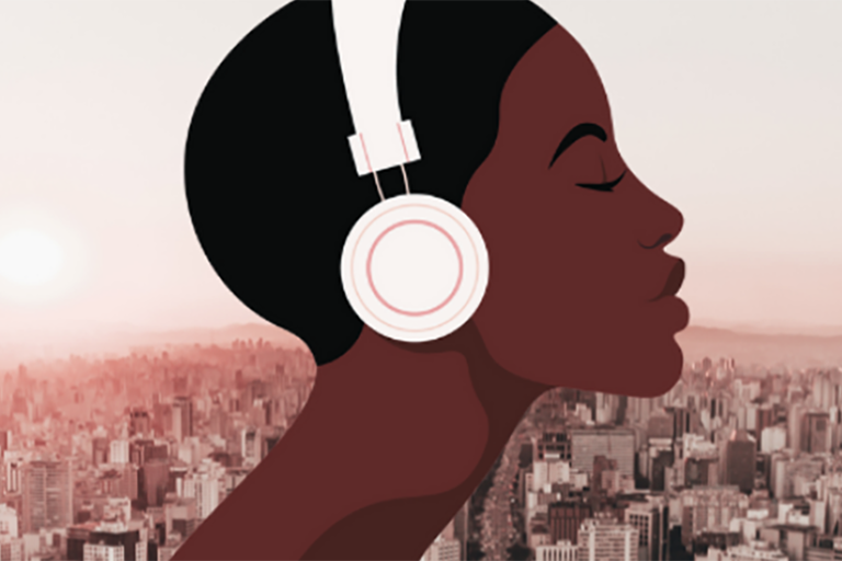 Logo for Black Geosonicologies (AY 22-23 CRG Research Working Group) Illustration of black woman with white headphones on her heard
