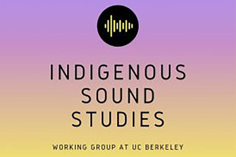 Logo for Indigenous Sound Studies (AY 22-23 CRG Research Working Group) Block with gradient purple to yellow with the works Indigenous Sound Studies