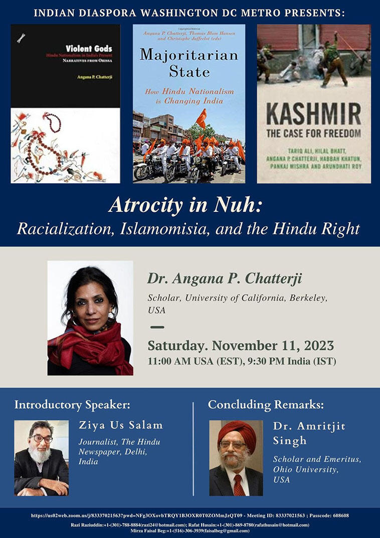 Atrocity in Nuh: Racialization, Islamomisia, and the Hindu Right Flyer with photo of Angana Chatterji