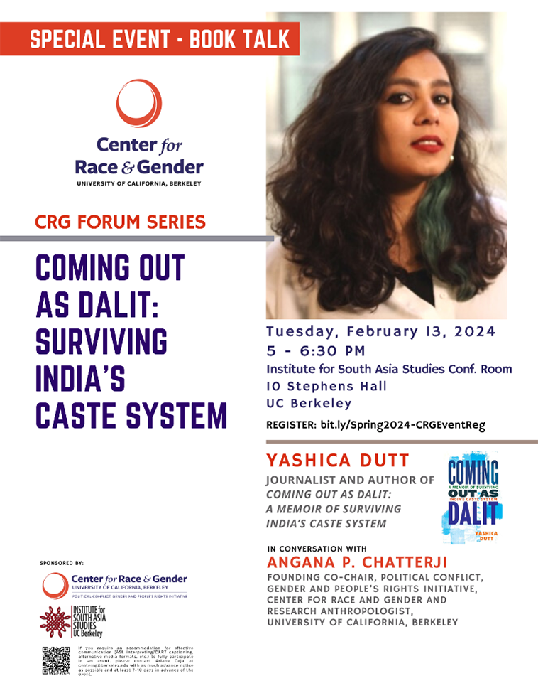 Coming Out as Dalit Flyer with photo of Yashica Dutt looking to their left