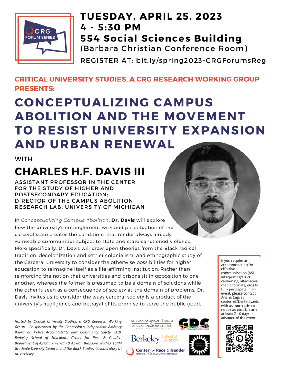 Flyer for 4-25-2023 CRG Forum with talk title and Charles Davis's photo