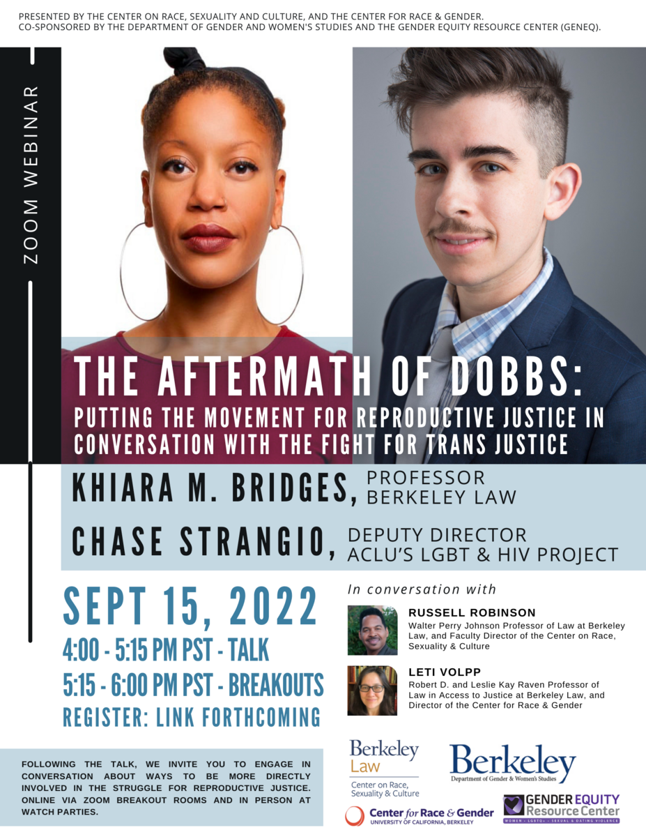 Flyer for The Aftermath of Dobbs with photos of Khiara M. Bridges and Chase Strangio