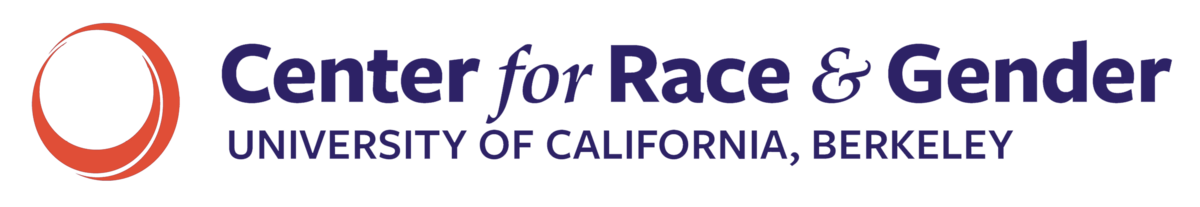 CRG horizontal logo, orange swirl circle with words below "Center for Race and Gender, University of California, Berkeley"