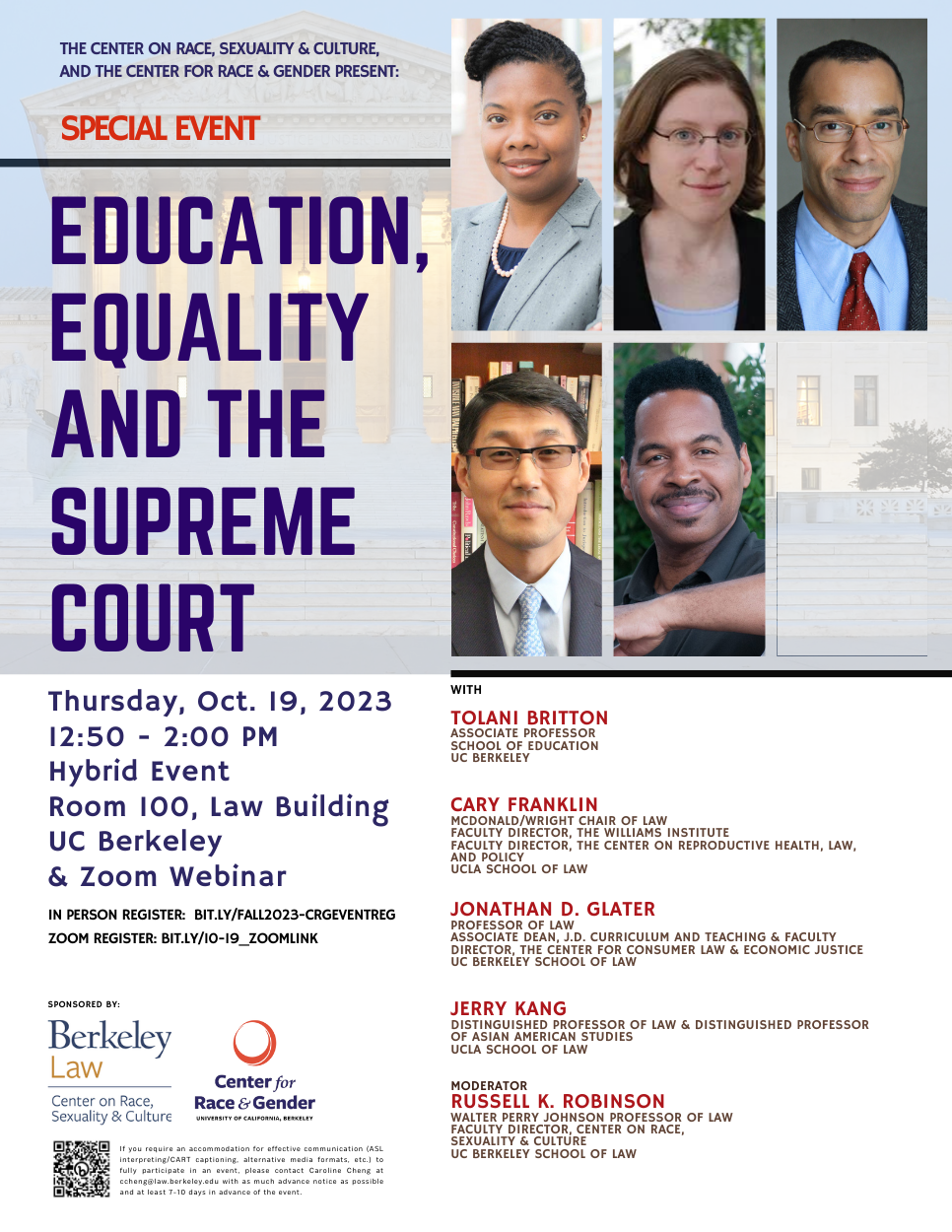 Education, Equality and the Supreme Court Flyer with image of Tolani Britton, Cary Franklin, Jonathan Glater, Jerry Kang and Russell Robinson